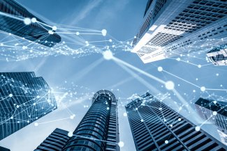 Modern buildings in blue tone with digital connection